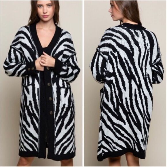 POL Zebra Print Cardigan Sweater Black and White Color Oversized Warm Brand New - Picture 1 of 9